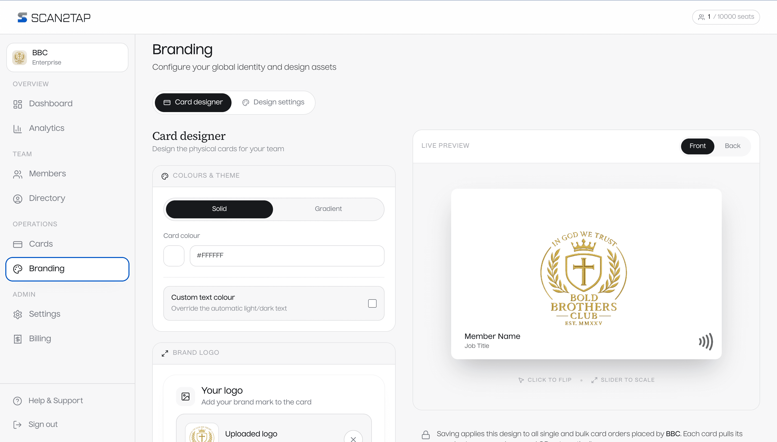 Scan2Tap enterprise dashboard — branding and live card designer